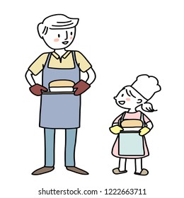 Father and daughter holding a tray of freshly baked bread. Smiling young man and little girl with aprons carrying homemade breads. Little chef and her dad baking bread together. Hand-drawn vector.