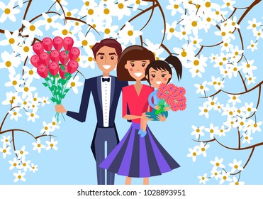 Father and daughter holds bouquet of flowers, mother keeps little child isolated on blue with flowering trees vector illustration.