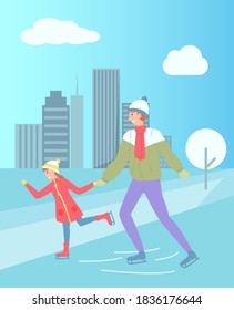 Father and daughter ice skating on city rink outdoor in the winter season during christmas holiday. Happy smiling people holding hands, enjoy the snowfall, spend time together on active weekend