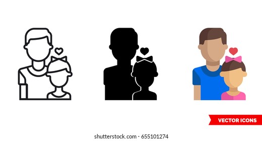 Father with a daughter icon of 3 types: color, black and white, outline. Isolated vector sign symbol. Father love daughter.