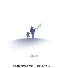 Father and daughter. Isolated outline of people in heaven. Afterlife