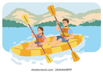 pai e filha caiaque no lago bonito. esportes aquáticos de rafting extremos