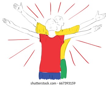 Father and daughter laid their hands aside and raised their heads. Illustration on the topic of teenage parenting and parenting