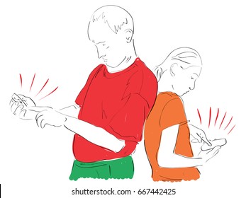Father and daughter leaned against each other's backs and looked at the hand computer. Illustration on the topic of teenage parenting and parenting