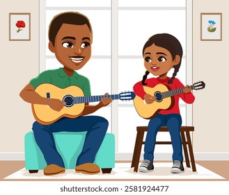 Father And Daughter Learning To Play Guitar Togetherness Concept Vector Illustration. Affectionate dad caring for his child bonding