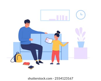 Father and daughter in living room sharing learning moment with books and school supplies. Family bonding, education and home learning concept. Flat vector illustration.