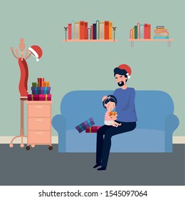 father and daughter in livingroom christmas celebration vector illustration design