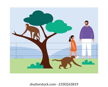 Father and daughter looking at monkeys running around in cage, zoo vector illustration.