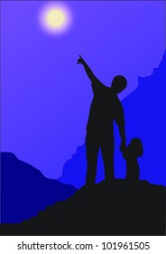 Father and daughter looking at the night sky