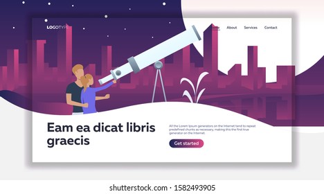 Father and daughter looking at stars through telescope. Space, moon, astronomy flat vector illustration. Exploration concept for banner, website design or landing web page