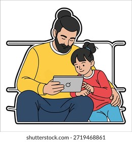 Pai e filha olhando para o tablet computador juntos na família de fundo branco