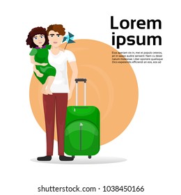 Father And Daughter With Luggage Suitcase Over Background With Copy Space Travel And Tourism Concept Flat Vector Illustration