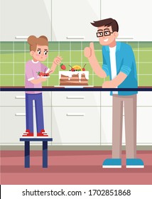 Padre e hija haciendo pastel juntos, ilustración semi plana vectorial. Pasteles decorativos para padres e hijos, cocina de dulces, familiares en la cocina personajes de dibujos animados 2D para uso comercial