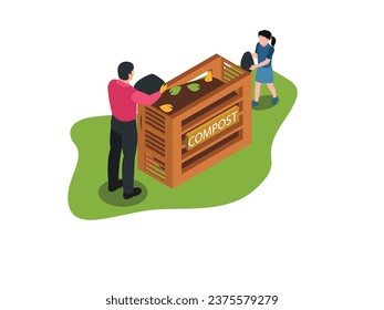 Father and daughter making compost isometric isometric 3d vector illustration concept for banner, website, illustration, landing page, flyer, etc