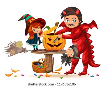 Father and daughter making Hallows pumpkin poster. Cartoon dad with child dressed in mystic costume of witch and dragon carving mystery gourd vector illustration. All Saints Eve concept.