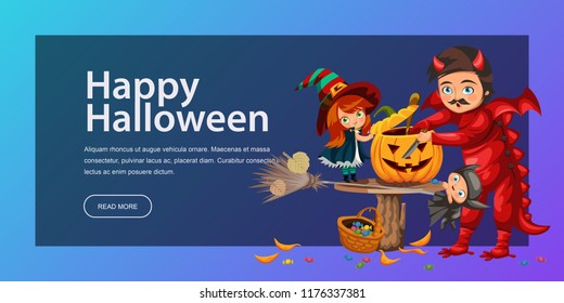 Father and daughter making Hallows pumpkin poster. Cartoon dad with child dressed in mystic costume of witch and dragon carving mystery gourd vector illustration. All Saints Eve concept.