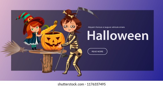 Father and daughter making Hallows pumpkin poster. Cartoon dad with child dressed in mystic costume of witch and dragon carving mystery gourd vector illustration. All Saints Eve concept.