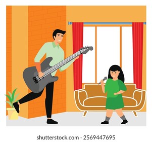 A father and daughter making music together in their living room. The father plays a guitar while the daughter sings into a microphone, representing entertainment and family bonding.