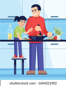 Father and daughter making salad together semi flat vector illustration. Male parent and female child preparing dinner, cooking family members 2D cartoon characters for commercial use