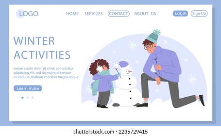 Father and daughter making a snowman in a flat style, web page template