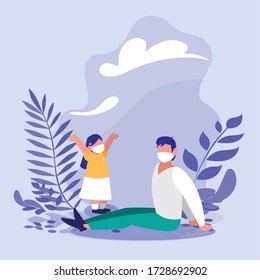 Father and daughter with masks outside design of Covid 19 virus theme Vector illustration