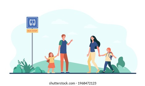 Padre e hija conociendo a madre e hijo en la parada del autobús. Familia feliz, mujer escogiendo a un niño de la ilustración del vector plana de la escuela. Concepto de familia, paternidad para banner, diseño de sitios web o página web de aterrizaje