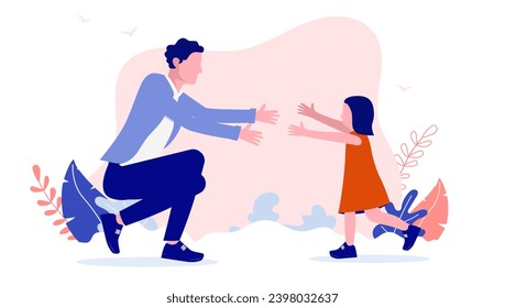 Father and daughter meeting - Parent and child outdoors, kid running happy into dads arms. Flat design vector illustration with white background