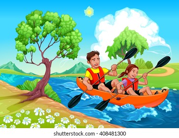 Father and daughter on the kayak in the river