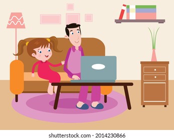 Father and daughter on laptop cartoon 2d vector concept for banner, website, illustration, landing page, flyer, etc.