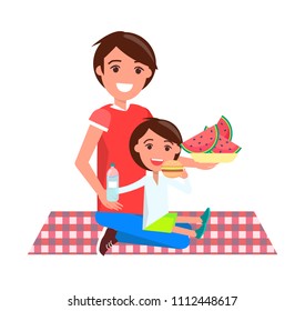 Father and daughter on picnic, sitting on squared blanket, dad holding plate with watermelon slices, girl eating cheeseburger vector illustration