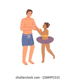 Father and daughter on seaside summer holiday. Isolated girl wearing lifebuoy for swimming, dad and kid spending time together. Flat cartoon, vector in flat style