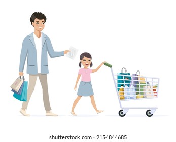 Father and daughter on shopping. Girl drives a full grocery cart