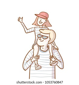 Father and daughter on the walk outside. Little child sitting on the neck of her father. Father and a child cute vector illustration. Family time. Family walk together