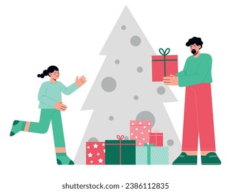 Father and daughter open Christmas presents together. Flat vector illustration of winter holidays