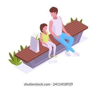 Father and daughter in park. Isometric people sitting on bench in city park, resting characters 3d vector illustration on white background