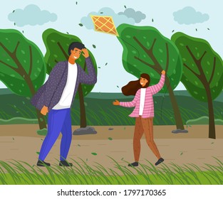 Father And Daughter In The Park Playing With A Kite. Family Weekend, People Walking In Weather With A Strong Wind. Vector Characters On The Background Of Trees Bend To The Ground And Clouds