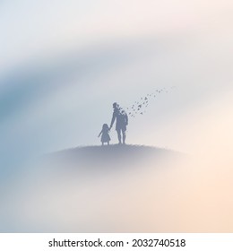 Father and daughter. People in paradise. Afterlife. Foggy clouds