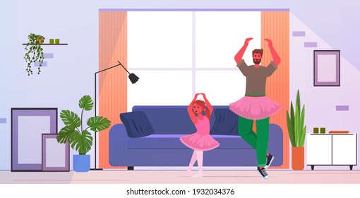 father and daughter in pink skirts dancing like ballerinas ballet lesson parenting fatherhood concept dad spending time with his kid at home full length horizontal vector illustration