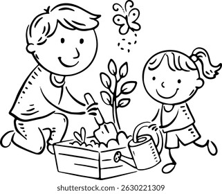 Father Daughter Planting Tree Garden Outline Illustration