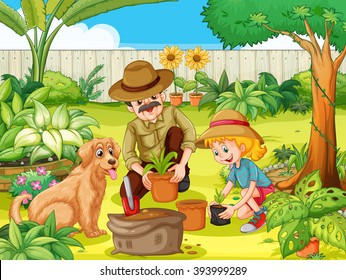 Father and daughter planting tree in garden illustration