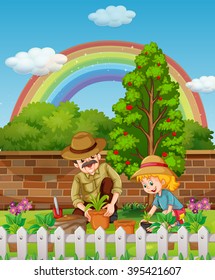 Father and daughter planting tree in garden illustration