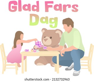Father and daughter play tea party, Happy Father's Day phrase in German over them