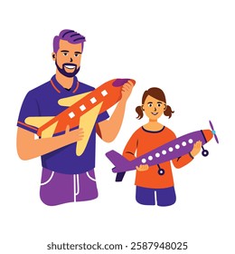 Father daughter playing with aeroplane toys, flat sticker