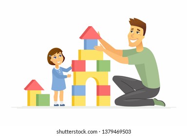 Father and daughter playing - cartoon people characters illustration isolated on white background. Young parent and his kid building a toy castle, pyramid, having a good time together.  