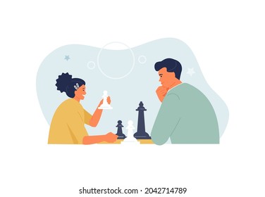 Father and daughter are playing chess and spending time together. Family leisure vector illustration