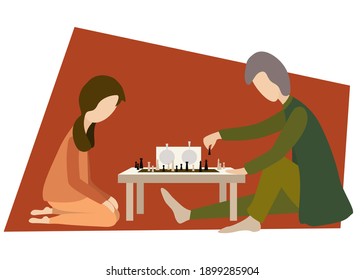 Father and daughter  are playing chess while spending time together at home. Vector illustration. 

