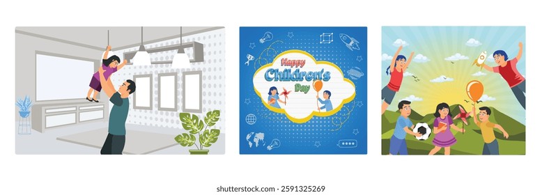 Father and daughter playing indoors. Boys and girls playing paper windmills and balloons. Children playing together. Children's Day concept. Set flat vector illustration.