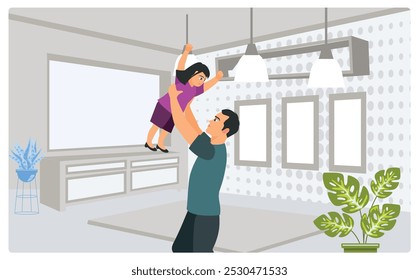 Father and daughter playing indoors. The little girl flies in her father's arms. Children's Day concept. Flat vector illustration.