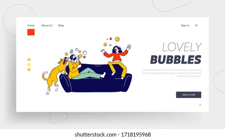 Father and Daughter Playing Landing Page Template. Happy Family Characters Blowing Soap Bubbles at Covid19 Quarantine Isolation. Kids Mess, Dad and Child Stay Home. Linear People Vector Illustration