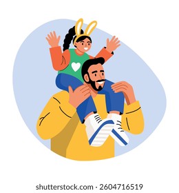Father daughter playing on easter, flat style illustration 